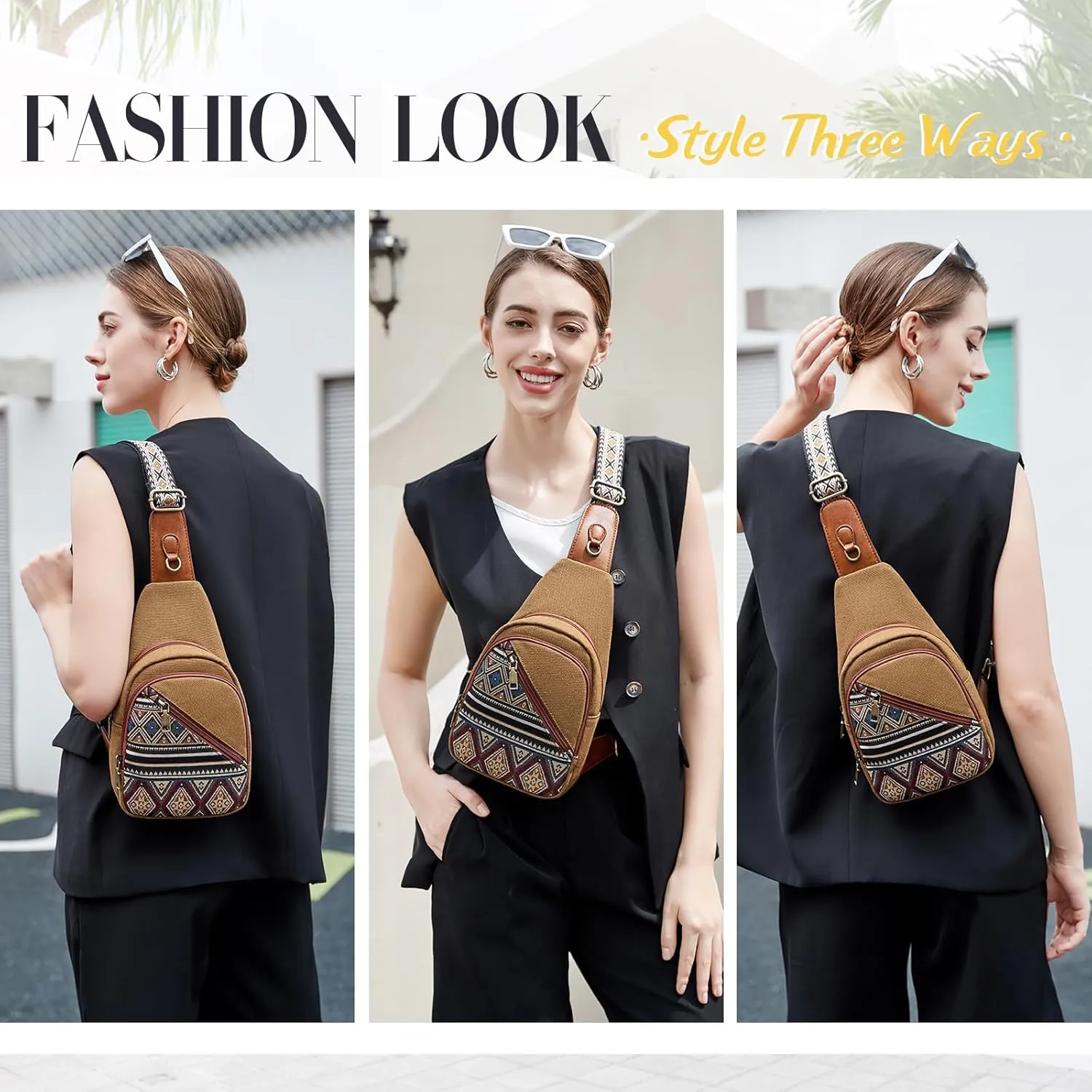 Love Deliver Small Sling Bag, Canvas Crossbody Boho Sling Backpack ─ Detachable Strap