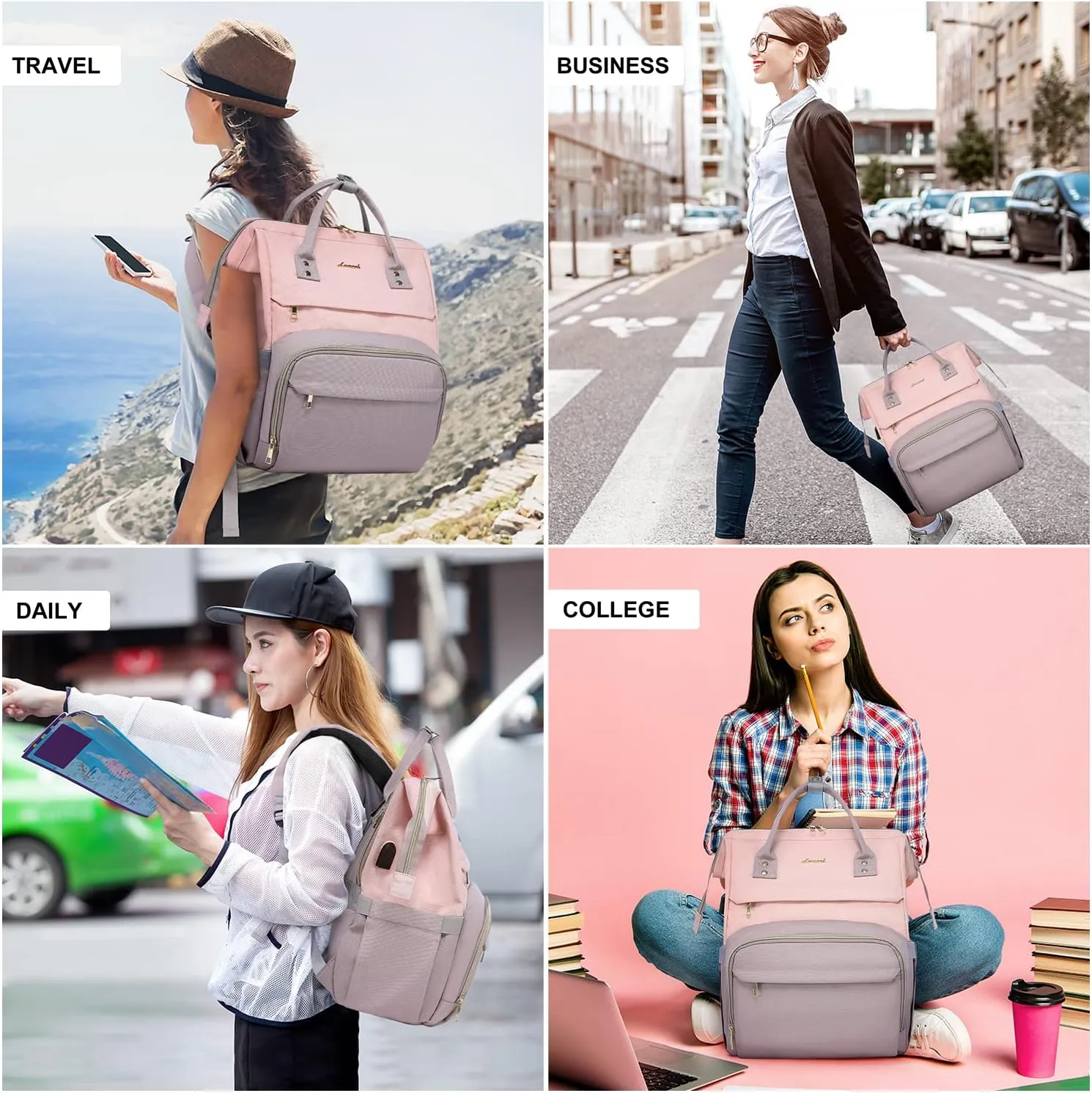 LOVEVOOK Laptop Backpack for Women Fashion Business Computer Backpacks Travel Bags Purse Doctor Nurse Work Backpack with USB Port, Fits 15.6-Inch Laptop Pink-Taro Purple