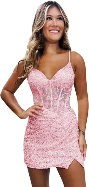 Loyeloy Short Homecoming Dresses for Teens 2025 V Neck Sparkly Sequin Applique Prom Evening Gowns