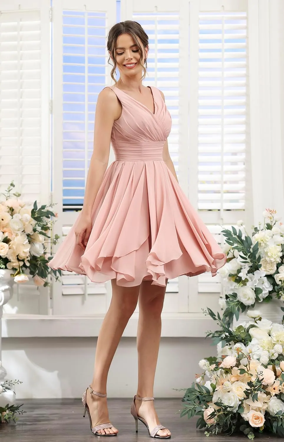 Loyeloy V Neck Short Bridesmaid Dresses for Women 2025 Chiffon A Line Ruffles Formal Evening Gowns with Pockets YJ114