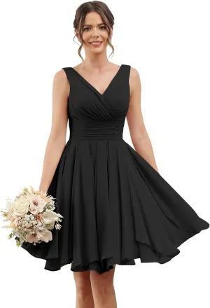 Loyeloy V Neck Short Bridesmaid Dresses for Women 2025 Chiffon A Line Ruffles Formal Evening Gowns with Pockets YJ114