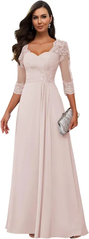 Loyeloy Women's Chiffon Mother of The Bride Dresses for Wedding with Sleeves 2025 Lace Applique Evening Gowns with Pockets