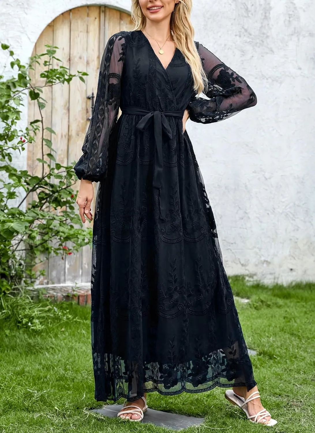 LRISES Womens V Neck Floral Embroidered Lace Wedding Maxi Dress Boho Short Sleeve Slit Bridesmaid Evening Party Dresses