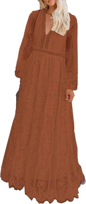 LRISES Womens V Neck Floral Embroidered Lace Wedding Maxi Dress Boho Short Sleeve Slit Bridesmaid Evening Party Dresses
