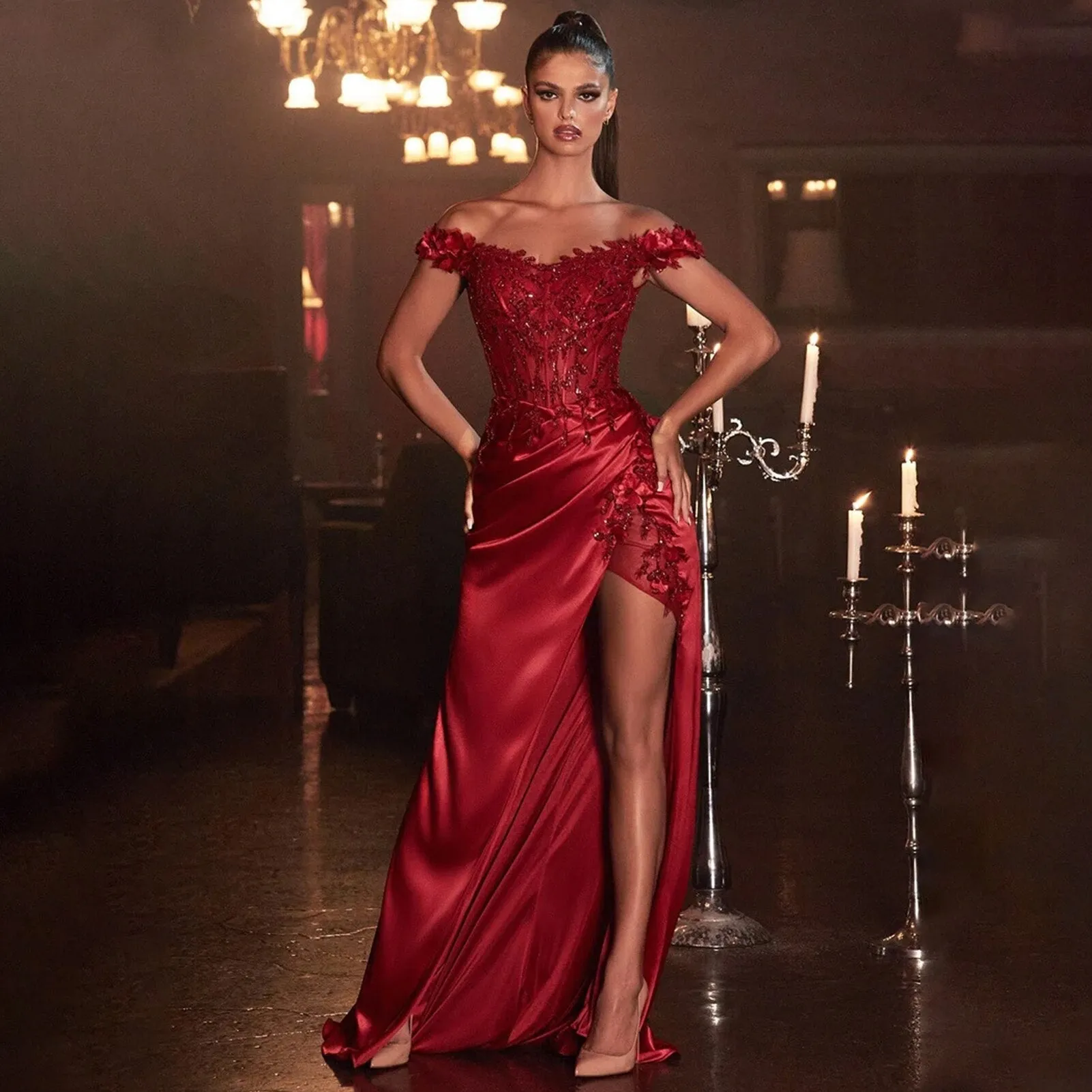 Luxury Lace Appliques Prom Dress Cap Sleeve Long Party Gown With Satin Train Sexy Side Slit Off-Shoulder Evening Dresses