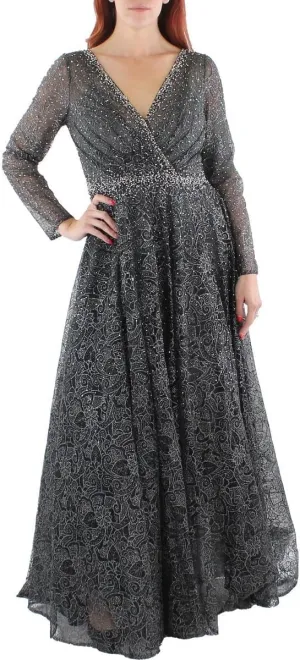 Mac Duggal Womens Lace Overlay Long Evening Dress