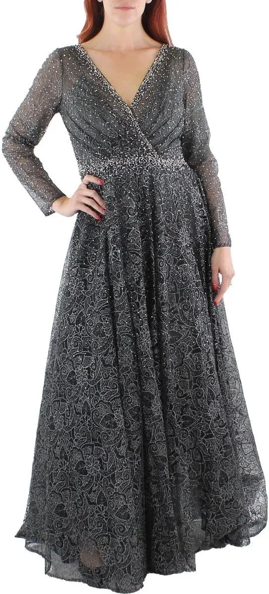 Mac Duggal Womens Lace Overlay Long Evening Dress