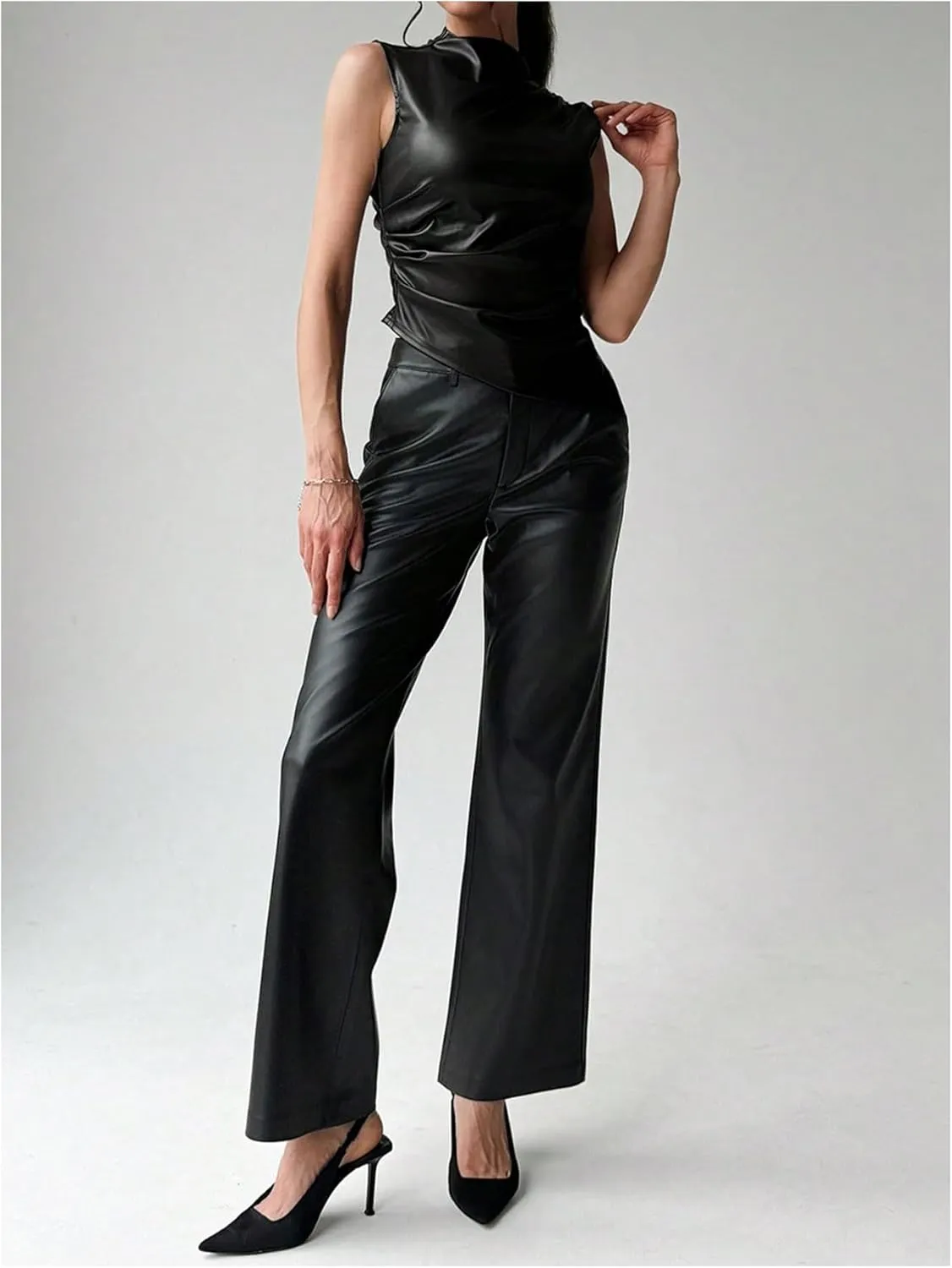 MakeMeChic Women's PU Leather Tank Top Mock Neck Y2k Ruched Party Sleeveless Leather Tops