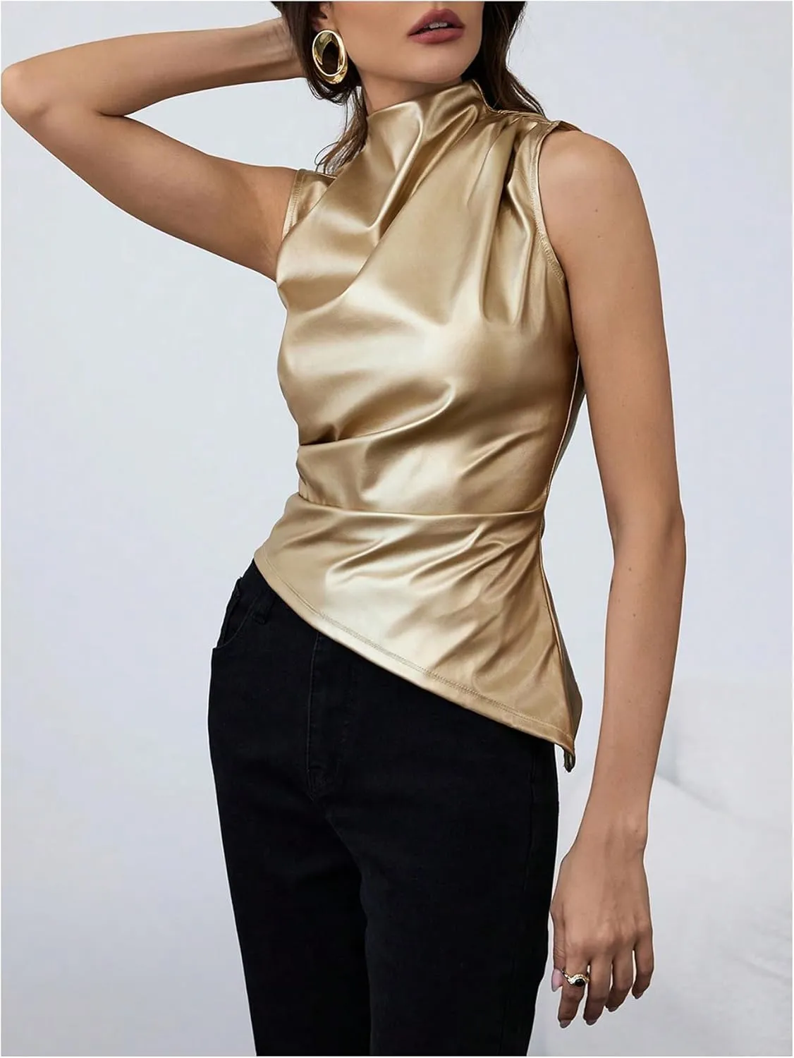 MakeMeChic Women's PU Leather Tank Top Mock Neck Y2k Ruched Party Sleeveless Leather Tops