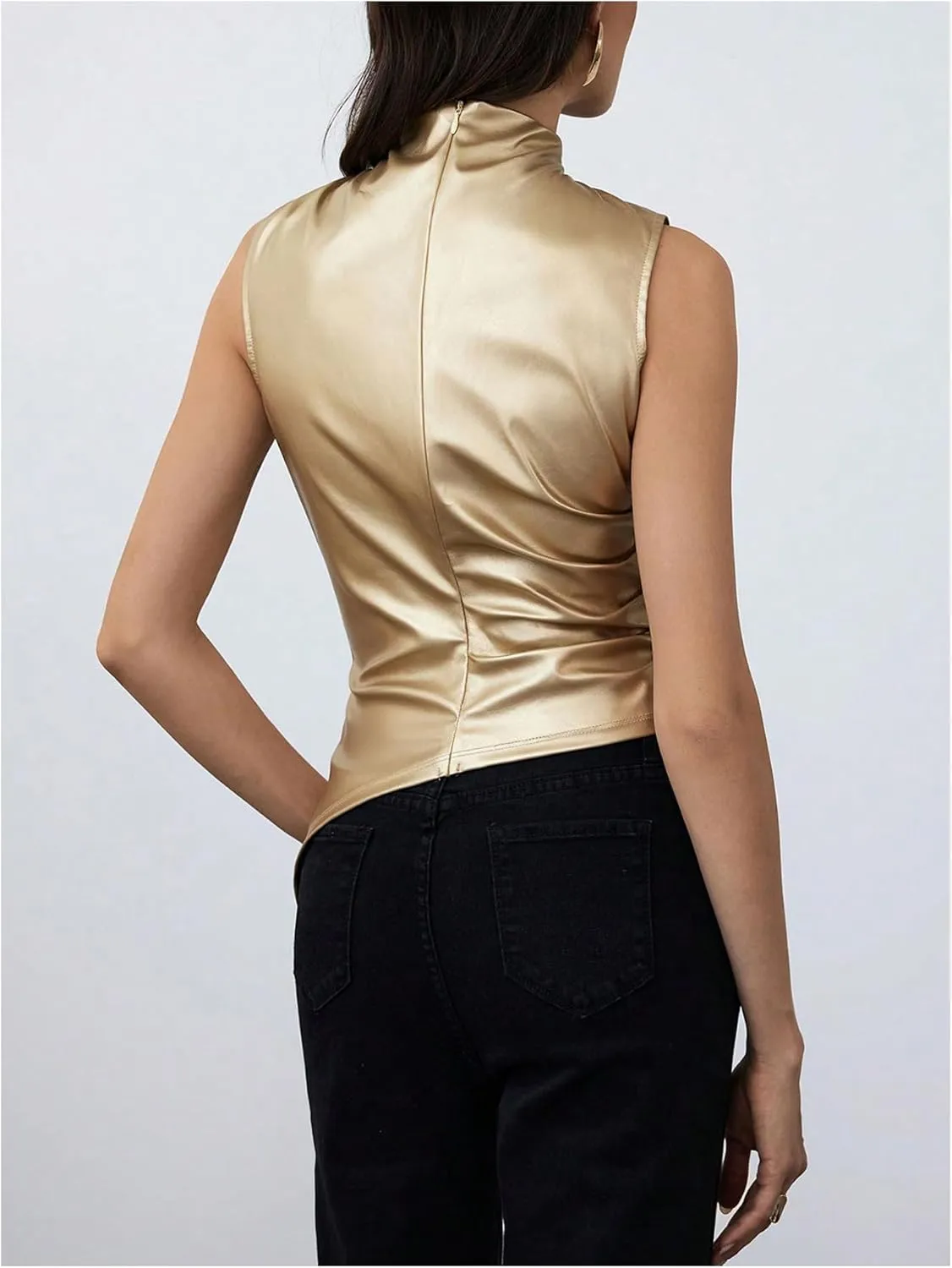 MakeMeChic Women's PU Leather Tank Top Mock Neck Y2k Ruched Party Sleeveless Leather Tops