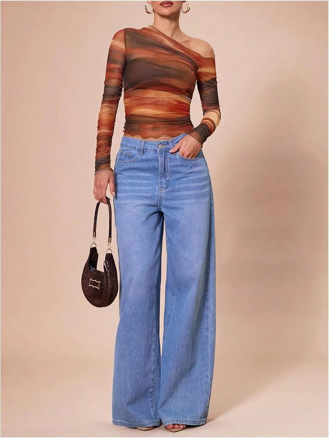MakeMeChic Women's Tie Dye Asymmetrical Neck Long Sleeve Ruched Tee Shirt Crop Tops