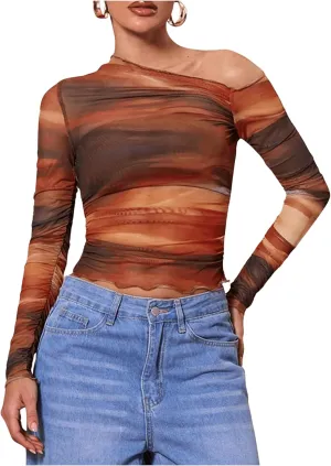 MakeMeChic Women's Tie Dye Asymmetrical Neck Long Sleeve Ruched Tee Shirt Crop Tops
