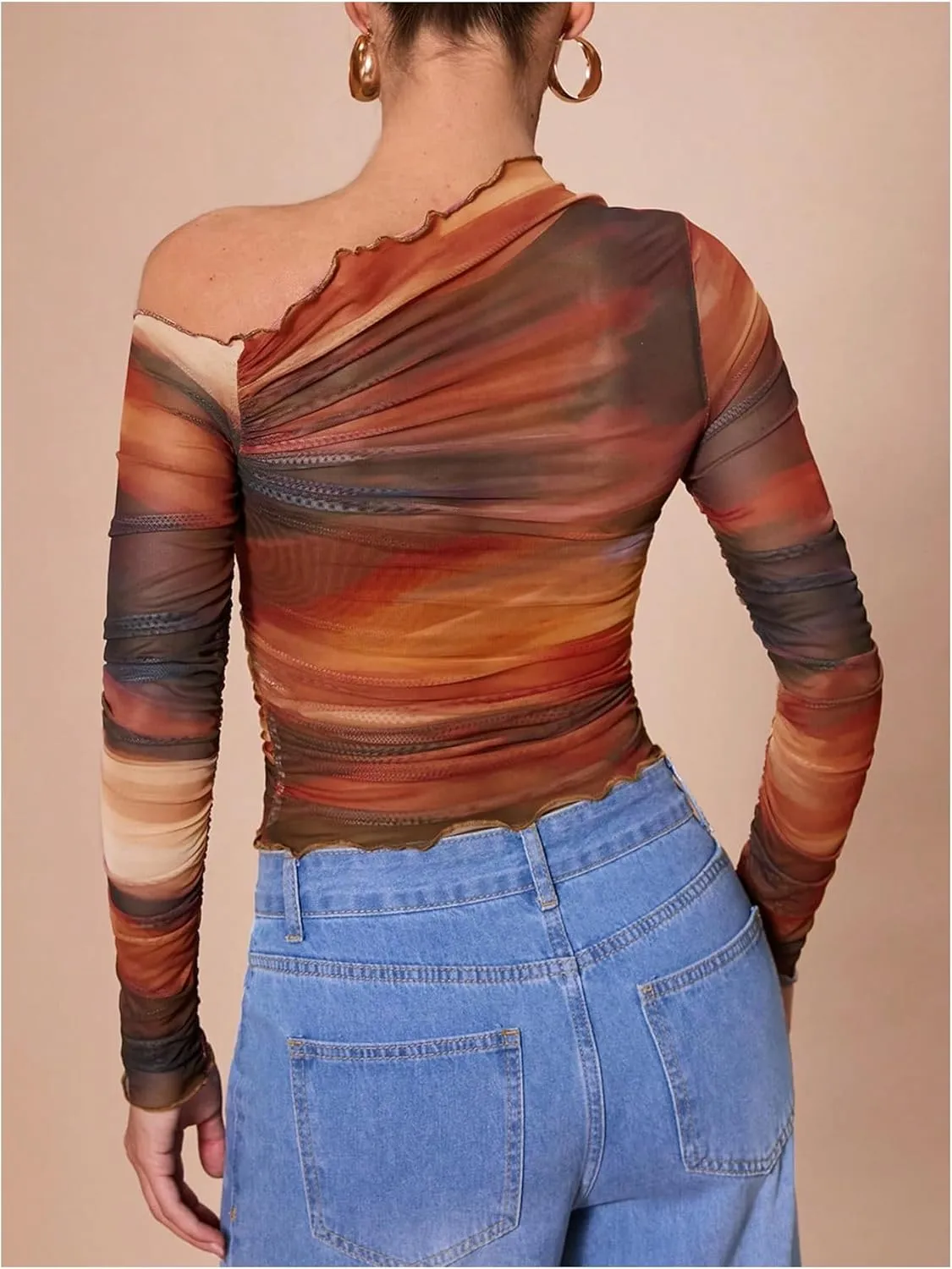 MakeMeChic Women's Tie Dye Asymmetrical Neck Long Sleeve Ruched Tee Shirt Crop Tops