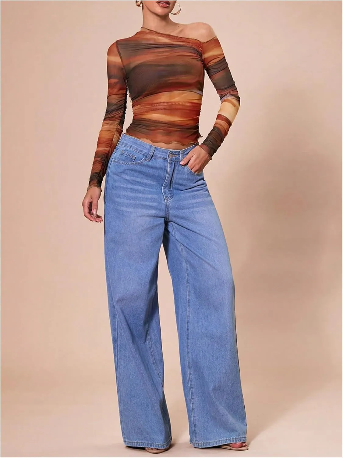 MakeMeChic Women's Tie Dye Asymmetrical Neck Long Sleeve Ruched Tee Shirt Crop Tops