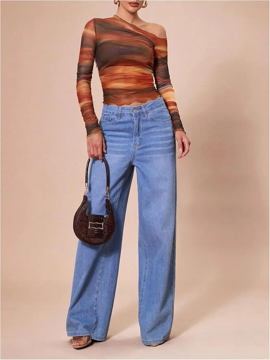 MakeMeChic Women's Tie Dye Asymmetrical Neck Long Sleeve Ruched Tee Shirt Crop Tops