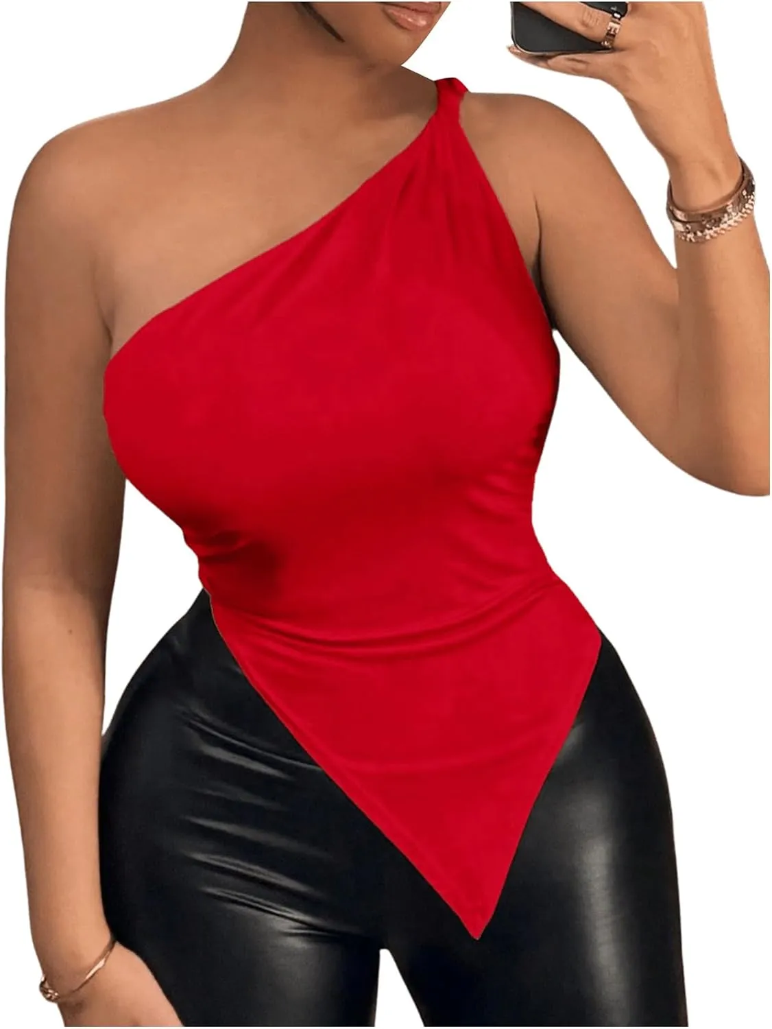 MakeMeChic Women's Y2k One Shoulder Tank Top Asymmetrical Hem Sleeveless Ruched Crop Tops