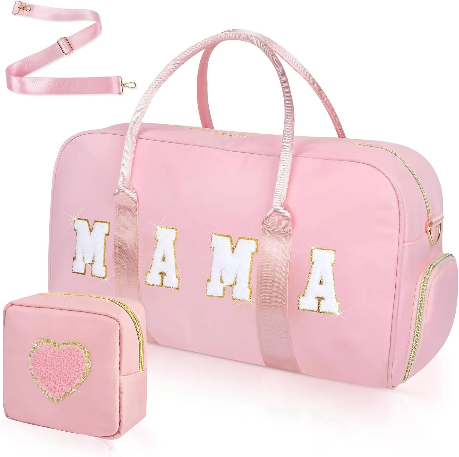 Mama Hospital Bag for Women Labor and Delivery Nylon Chenille Letter Embroidered Duffle Overnight Weekender Bag with Shoes Compartment and Mothers Day Gifts Pink