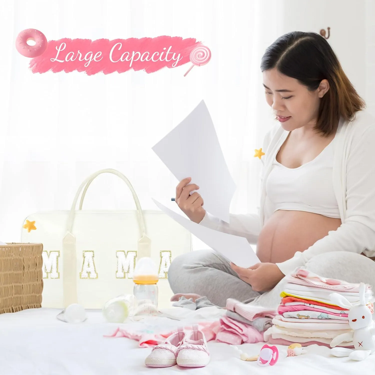 Mama Hospital Bag for Women Labor and Delivery Nylon Chenille Letter Embroidered Duffle Overnight Weekender Bag with Shoes Compartment and Mothers Day Gifts Pink
