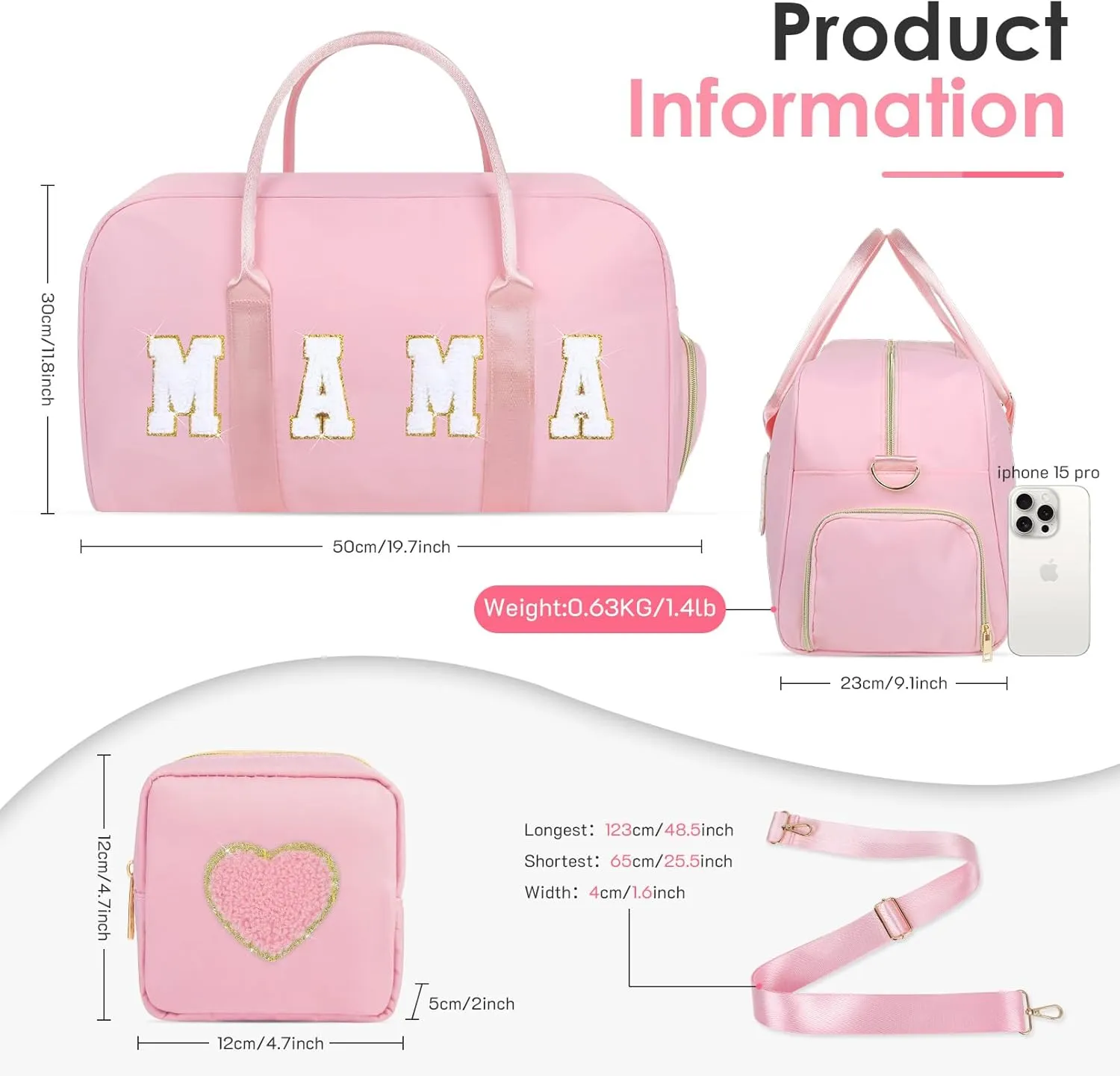 Mama Hospital Bag for Women Labor and Delivery Nylon Chenille Letter Embroidered Duffle Overnight Weekender Bag with Shoes Compartment and Mothers Day Gifts Pink