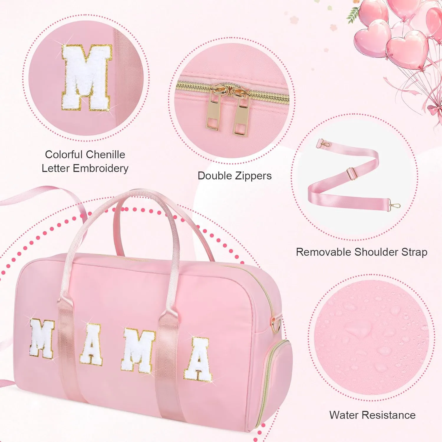 Mama Hospital Bag for Women Labor and Delivery Nylon Chenille Letter Embroidered Duffle Overnight Weekender Bag with Shoes Compartment and Mothers Day Gifts Pink