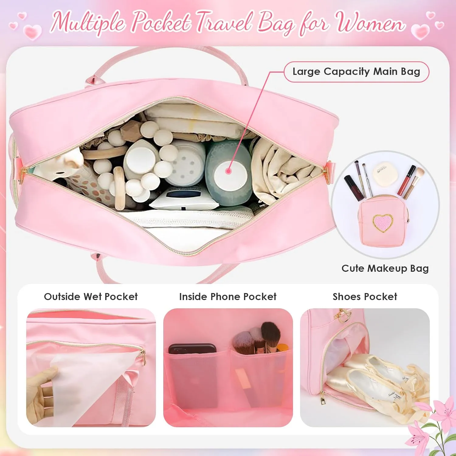 Mama Hospital Bag for Women Labor and Delivery Nylon Chenille Letter Embroidered Duffle Overnight Weekender Bag with Shoes Compartment and Mothers Day Gifts Pink