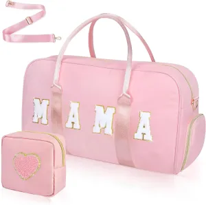 Mama Hospital Bag for Women Labor and Delivery Nylon Chenille Letter Embroidered Duffle Overnight Weekender Bag with Shoes Compartment and Mothers Day Gifts Pink