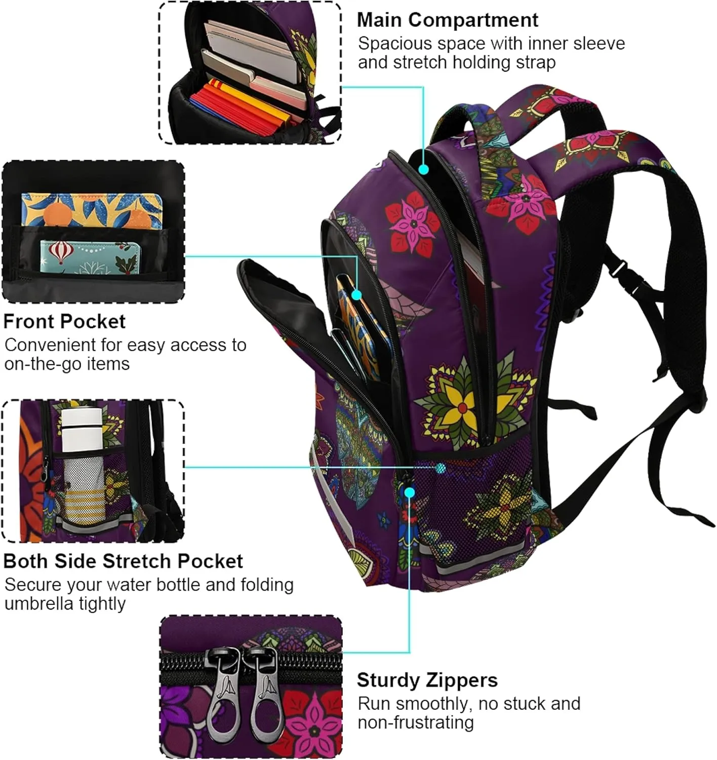 Mandala Boho Owl Backpacks Laptop School Book Bag Lightweight Daypack for Men Women Teens Kids
