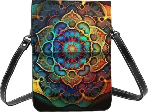 mandala sacred geometry Floral Abstract Leather Small Crossbody Bags for Women Cell Phone Bag Wallet Purses with Adjustable Strap
