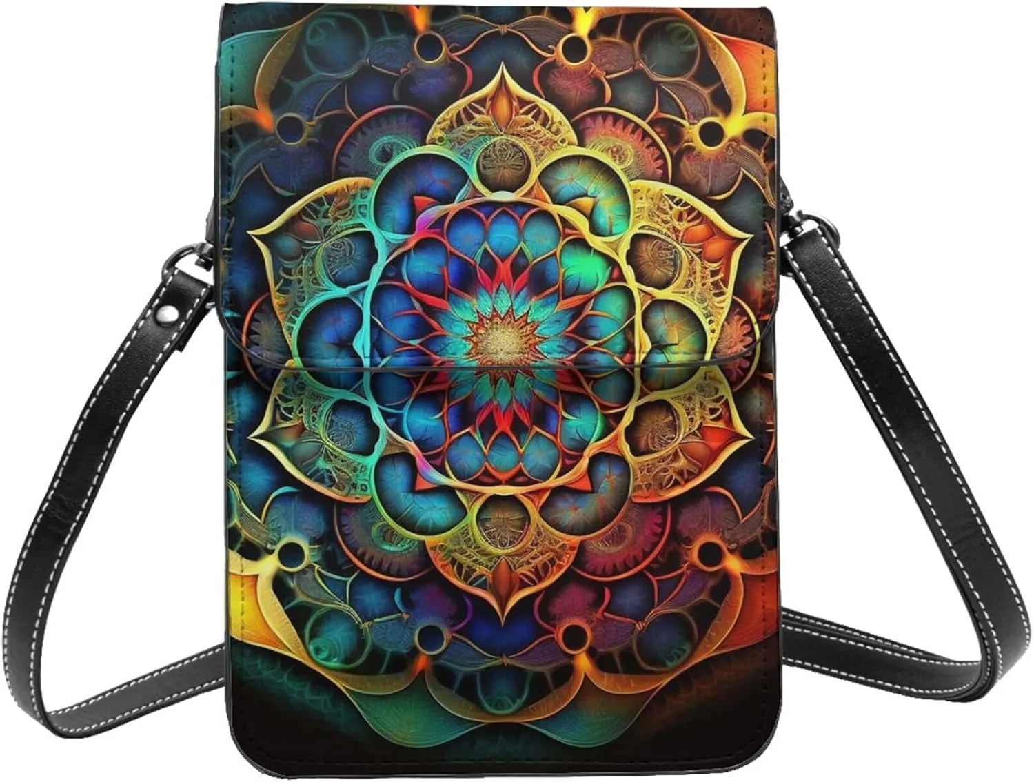 mandala sacred geometry Floral Abstract Leather Small Crossbody Bags for Women Cell Phone Bag Wallet Purses with Adjustable Strap