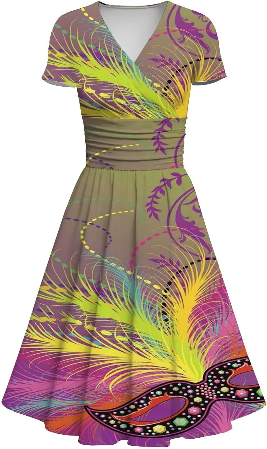 Mardi Gras Dress for Women, 2024 Summer Carnival & Party Maxi Dress with V-Neck & Short Sleeves