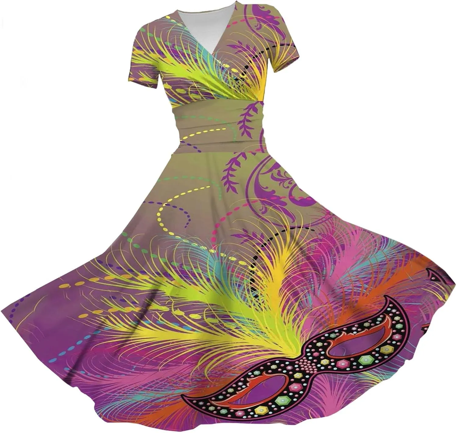 Mardi Gras Dress for Women, 2024 Summer Carnival & Party Maxi Dress with V-Neck & Short Sleeves