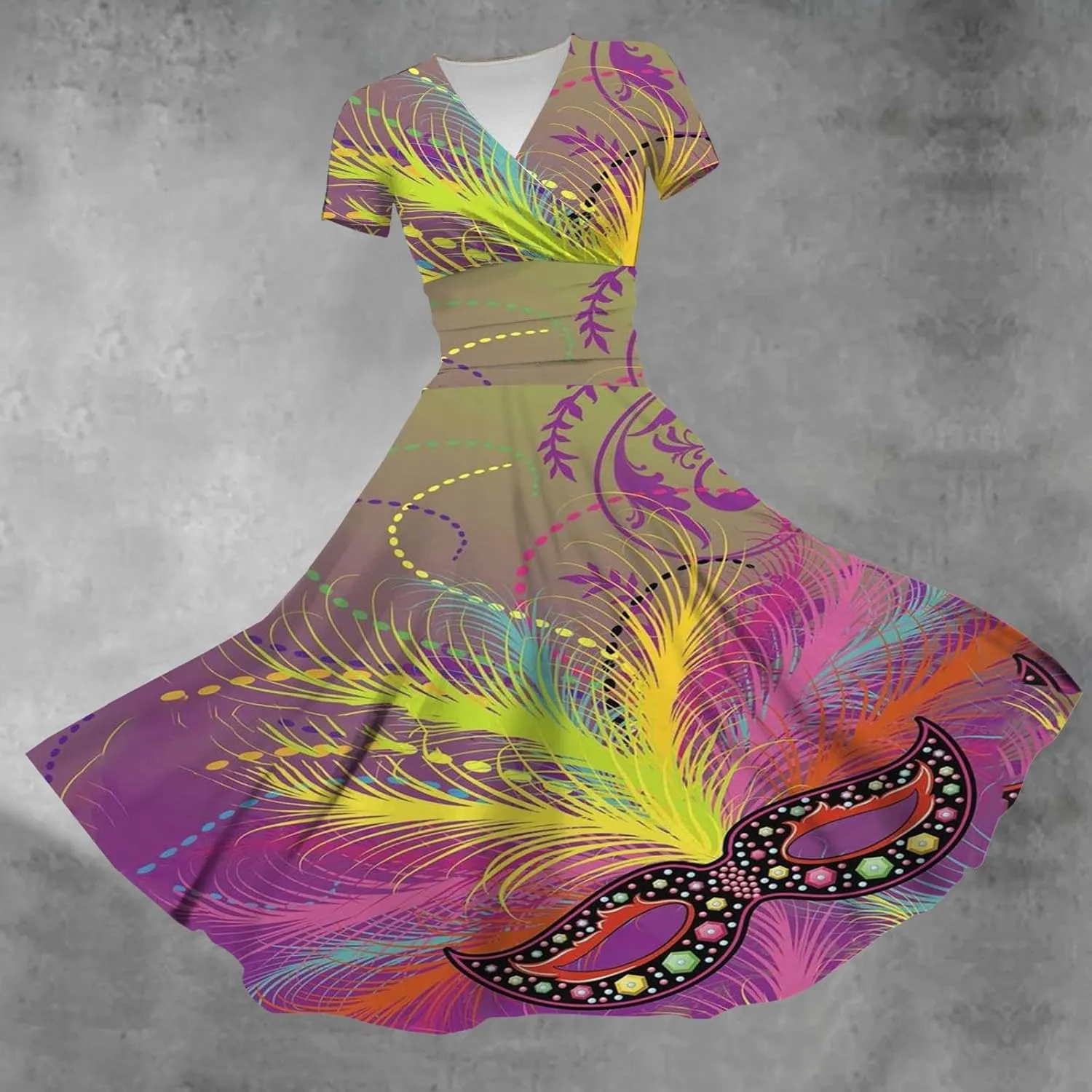 Mardi Gras Dress for Women, 2024 Summer Carnival & Party Maxi Dress with V-Neck & Short Sleeves