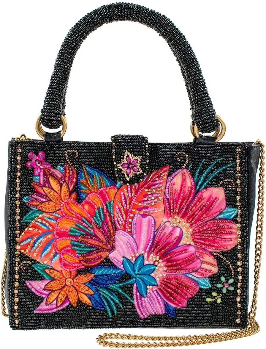 Mary Frances Centerpiece, Black or White Floral Top Handle Crossbody Handbag