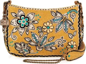 Mary Frances Rustic Charm Beaded Crossbody Handbag with Embroidered Flowers Evening Clutch Purse, Tan