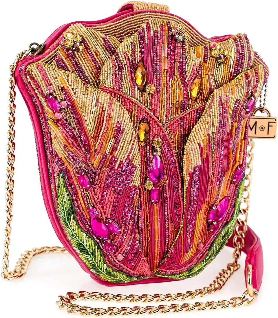 Mary Frances Treasured Tulip Beaded Handbag Flower Shape Crossbody Novelty Bag, Pink