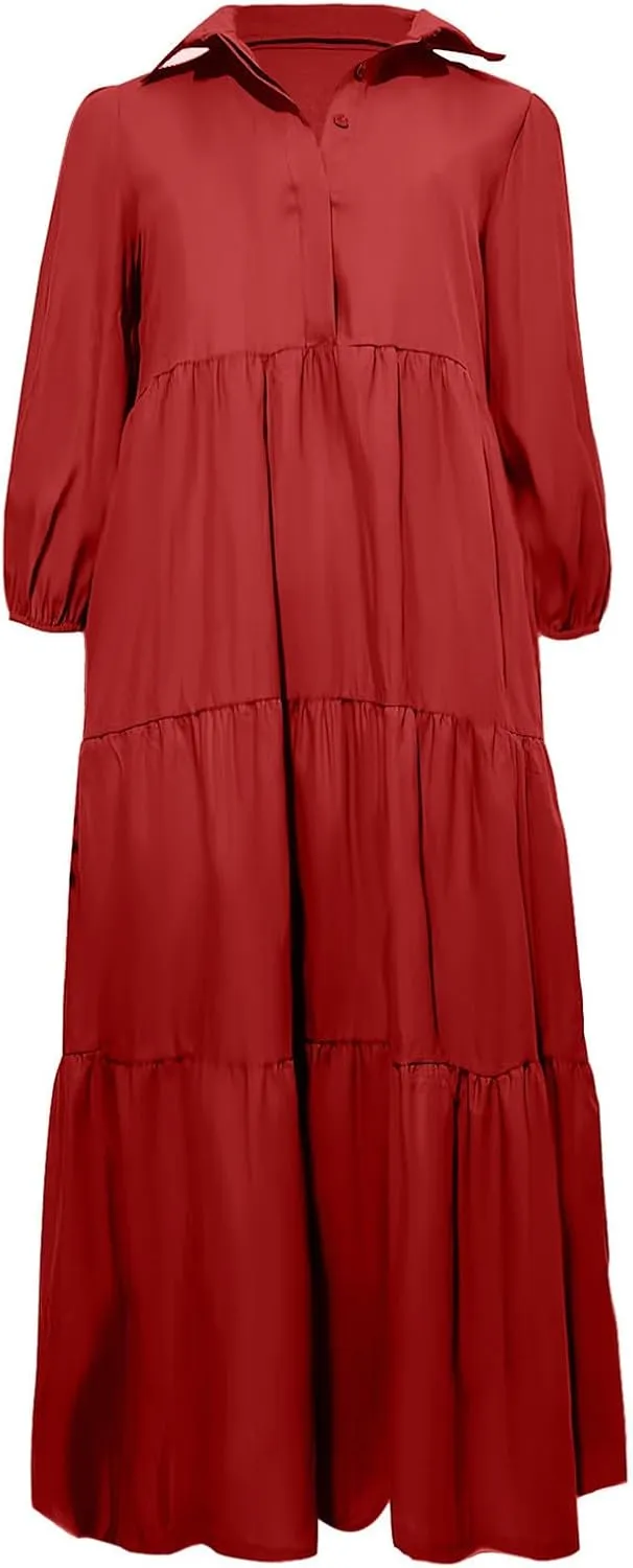 Maxi Dress for Women Casual 2024 Button Down V-Neck Lapel a Line Pleated Shirt Dress Plus Size Fall Flowy Long Dress
