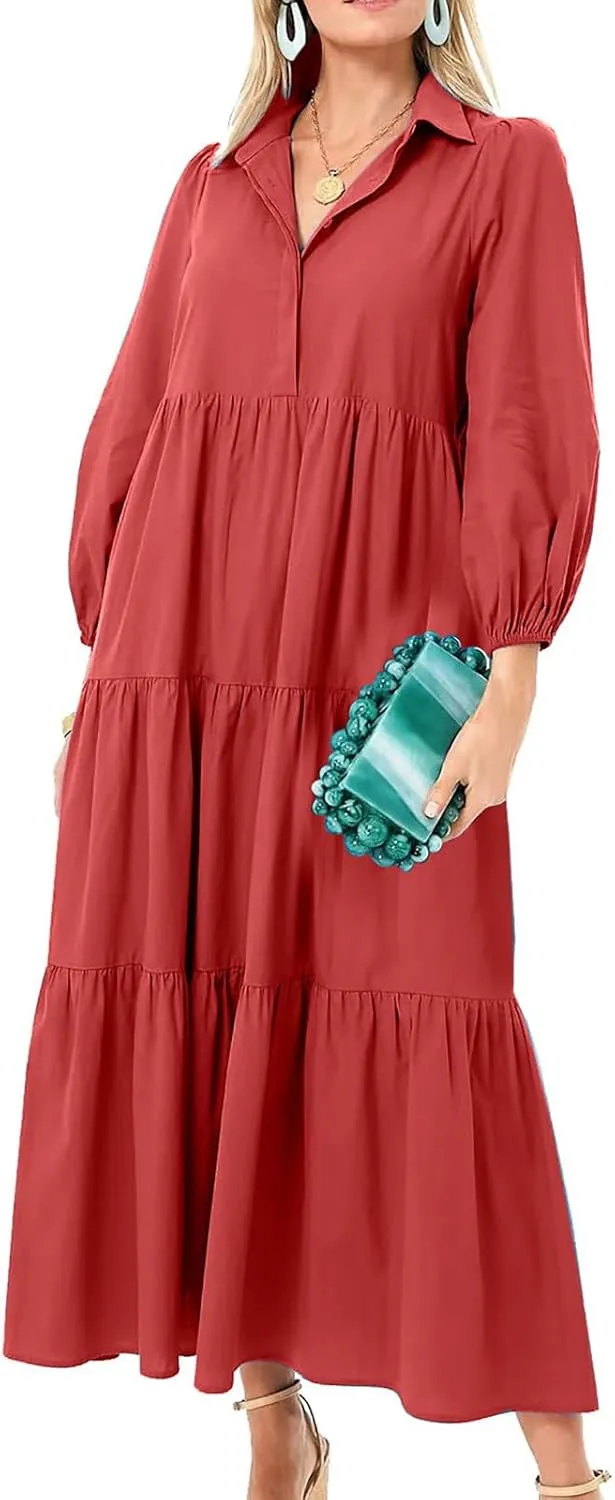 Maxi Dress for Women Casual 2024 Button Down V-Neck Lapel a Line Pleated Shirt Dress Plus Size Fall Flowy Long Dress