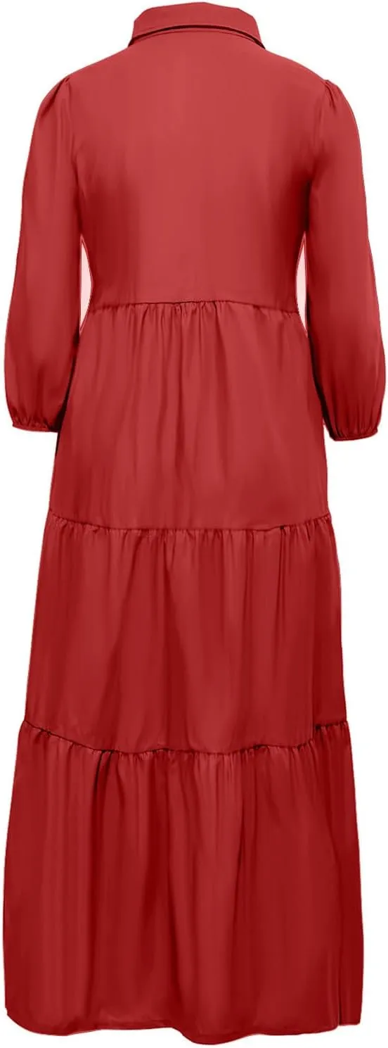 Maxi Dress for Women Casual 2024 Button Down V-Neck Lapel a Line Pleated Shirt Dress Plus Size Fall Flowy Long Dress
