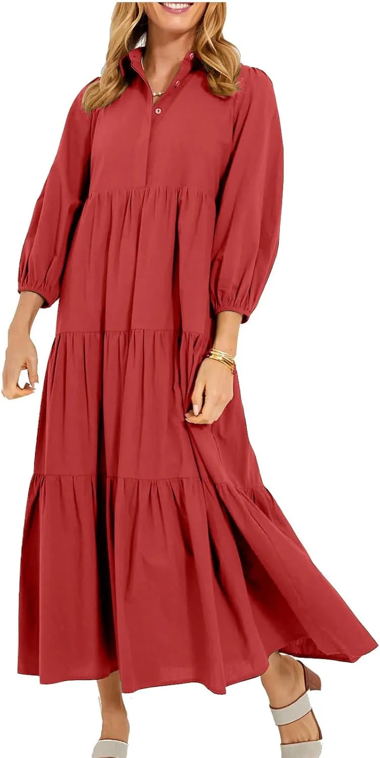 Maxi Dress for Women Casual 2024 Button Down V-Neck Lapel a Line Pleated Shirt Dress Plus Size Fall Flowy Long Dress