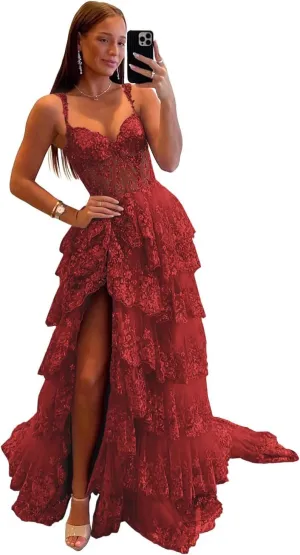Maxianever Off The Shoulder Flower Prom Dresses Lace Tulle Long Tiered Women’s Formal Evening Ball Gowns Sparkly 2024