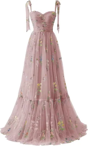 Maxianever Women's Tulle Prom Dresses Flower Embroidery Long Sweetheart Formal Evening Party Gowns