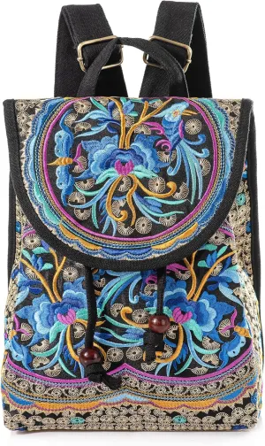 MAZEXY Embroidered Backpack Purse for Women, Boho Elegance Vintage Ethnic Floral Shoulder Handbag