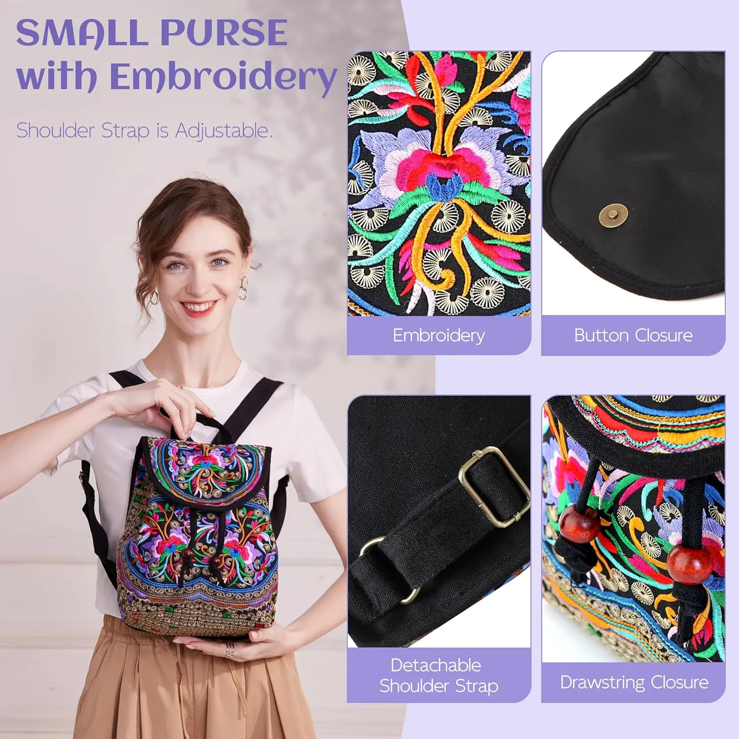 MAZEXY Embroidered Backpack Purse for Women, Boho Elegance Vintage Ethnic Floral Shoulder Handbag