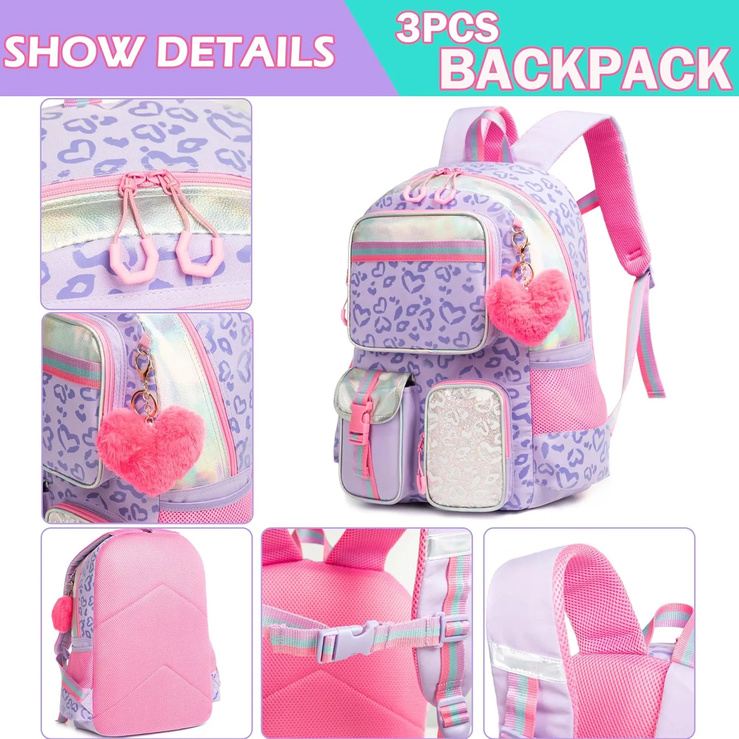 Meetbelify Backpack for Girls School Backpack Aesthetic Backpack with Lunch Box for Elementary Student Teen Girls Cute School Bag Kids Bookbag for Girls 8-10 Purple Love