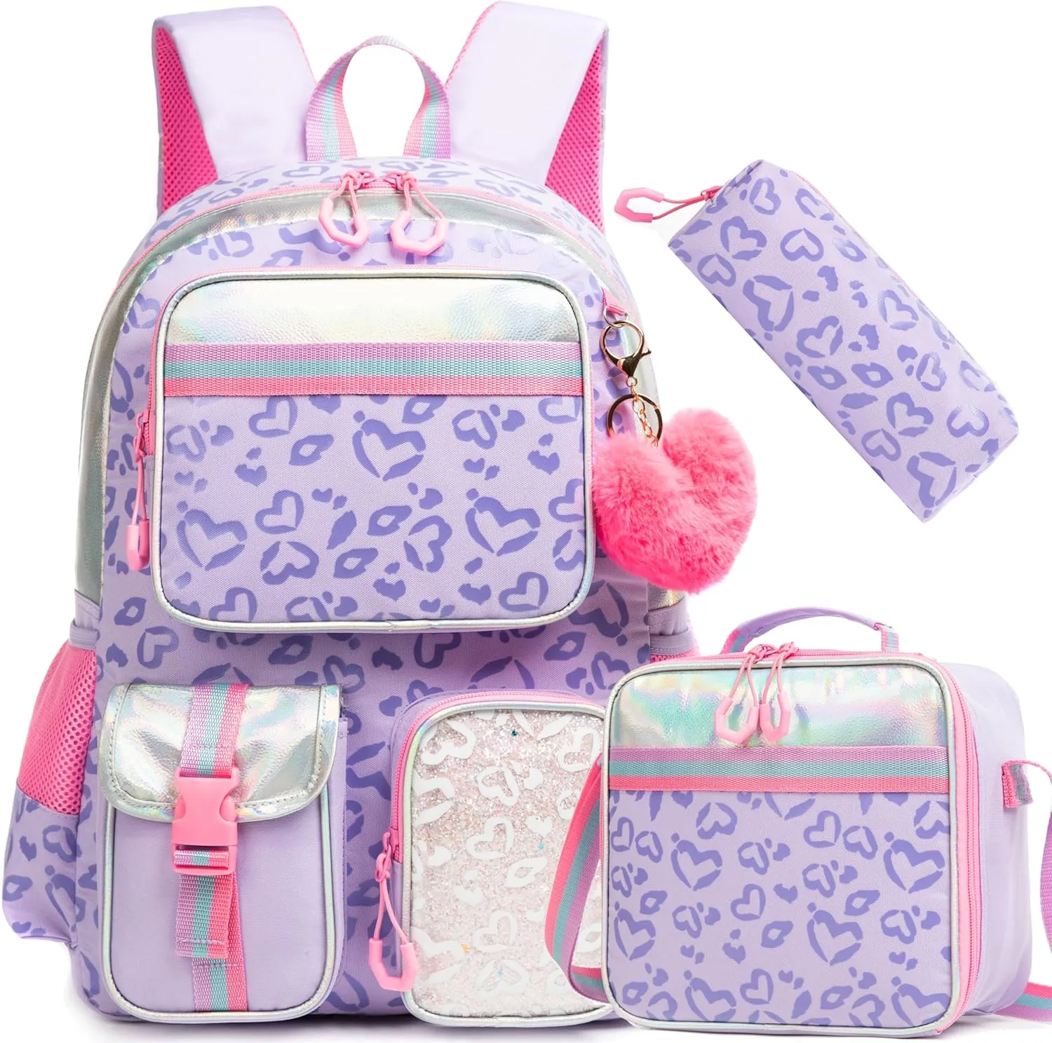 Meetbelify Backpack for Girls School Backpack Aesthetic Backpack with Lunch Box for Elementary Student Teen Girls Cute School Bag Kids Bookbag for Girls 8-10 Purple Love