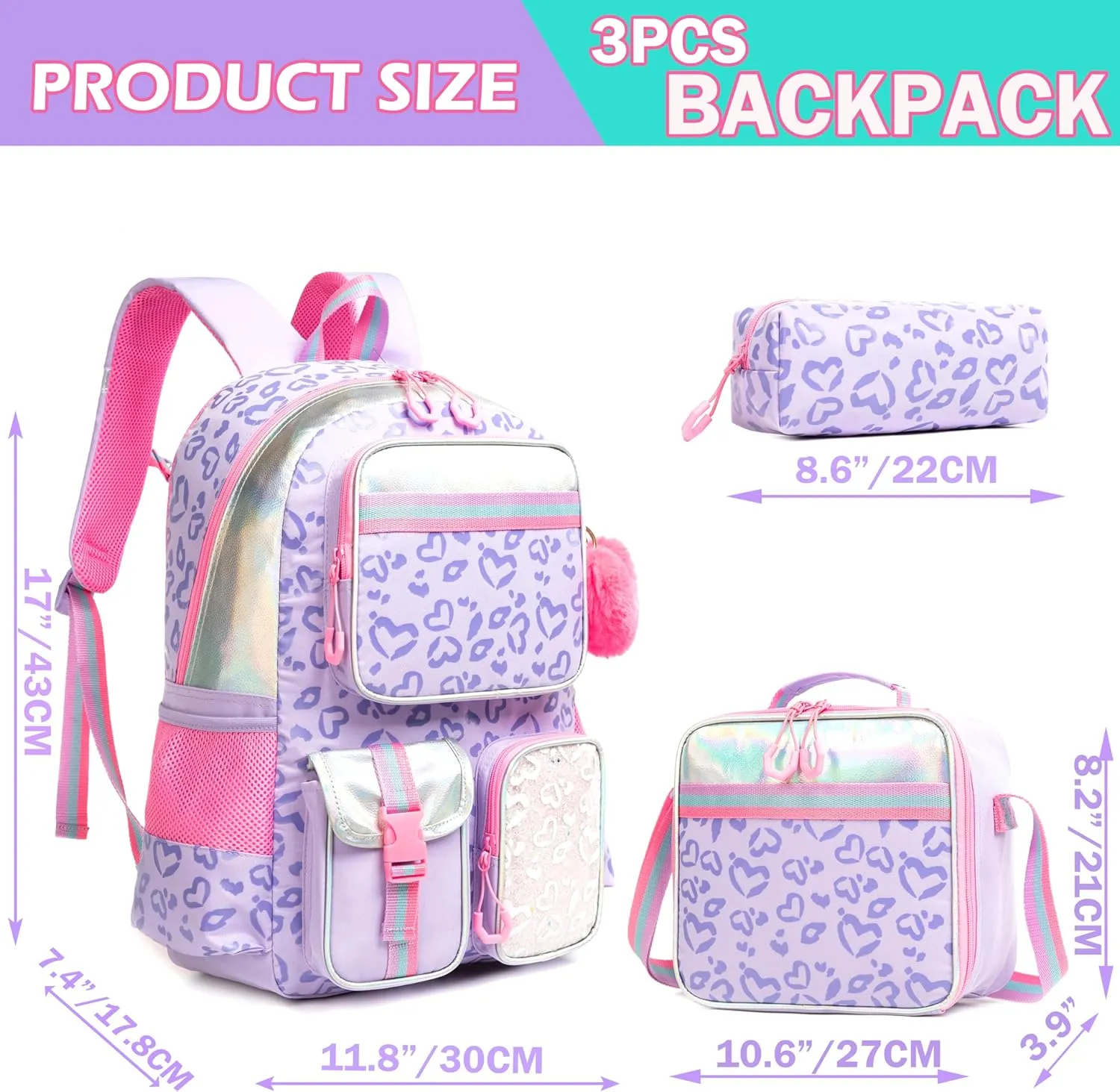 Meetbelify Backpack for Girls School Backpack Aesthetic Backpack with Lunch Box for Elementary Student Teen Girls Cute School Bag Kids Bookbag for Girls 8-10 Purple Love