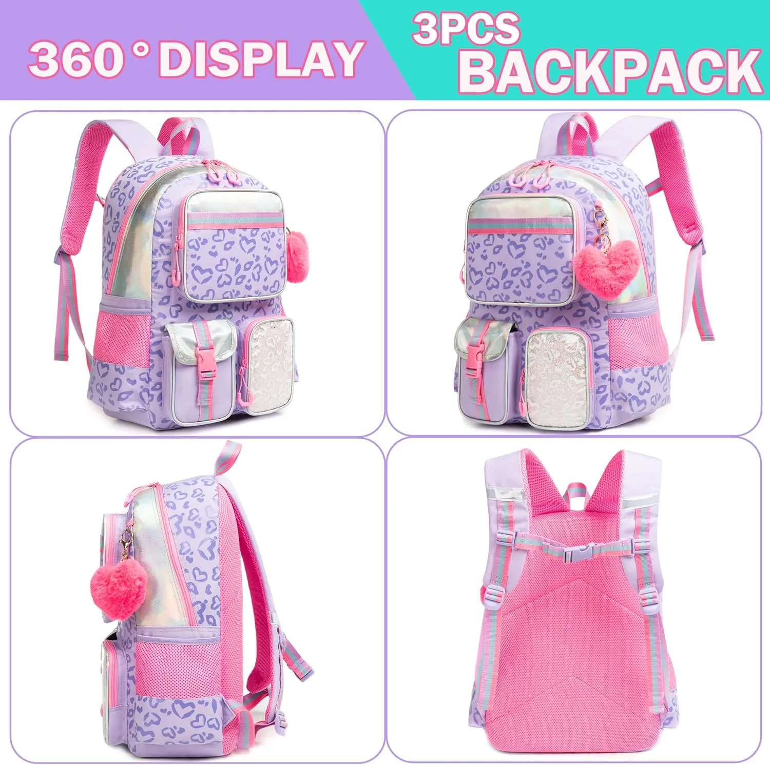 Meetbelify Backpack for Girls School Backpack Aesthetic Backpack with Lunch Box for Elementary Student Teen Girls Cute School Bag Kids Bookbag for Girls 8-10 Purple Love