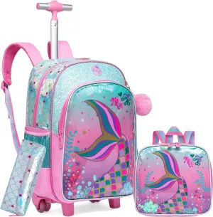Meetbelify Cute Mermaid Rolling Backpack for Girls Backpacks with Wheels for Elementary Preschool Students with Lunch Box Pencil Case for Girls Age 8-10