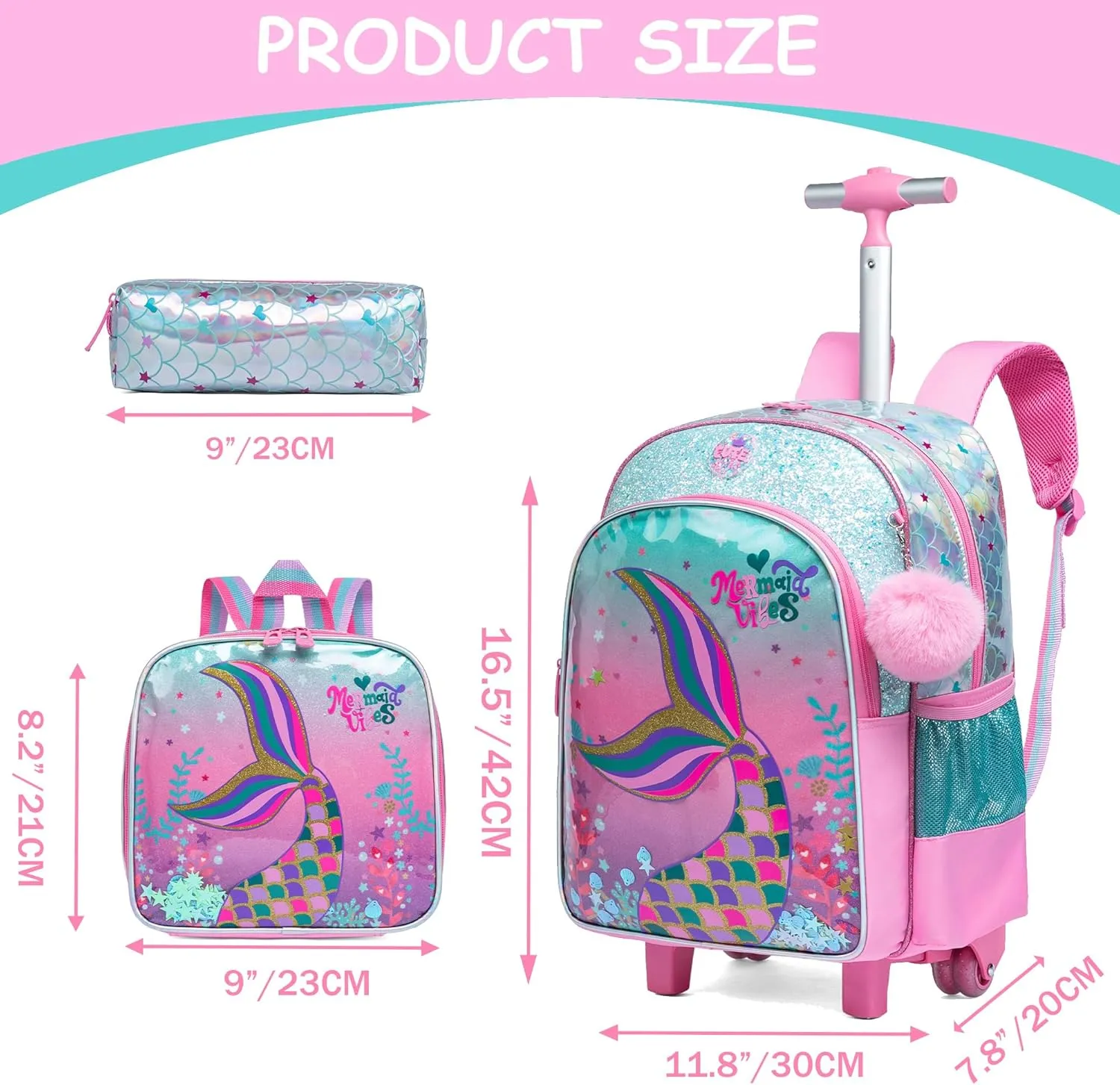 Meetbelify Cute Mermaid Rolling Backpack for Girls Backpacks with Wheels for Elementary Preschool Students with Lunch Box Pencil Case for Girls Age 8-10