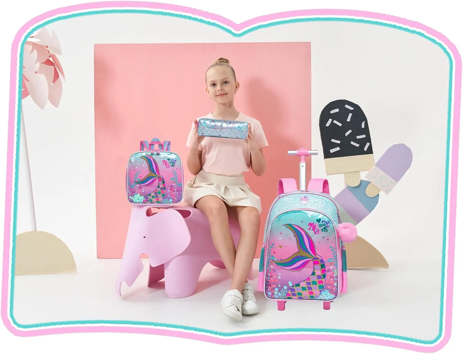 Meetbelify Cute Mermaid Rolling Backpack for Girls Backpacks with Wheels for Elementary Preschool Students with Lunch Box Pencil Case for Girls Age 8-10